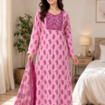 Pure Cotton Pink Printed Night Wear with Dupatta