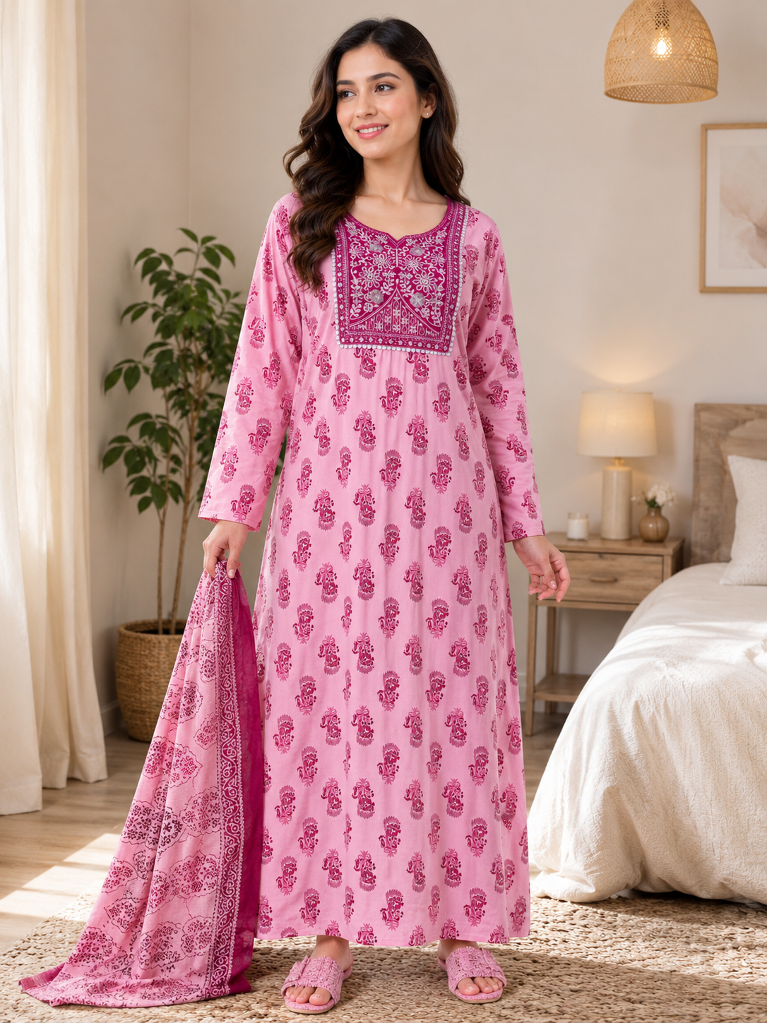 1 Pure Cotton Pink Printed Night Wear with Dupatta - Image 1