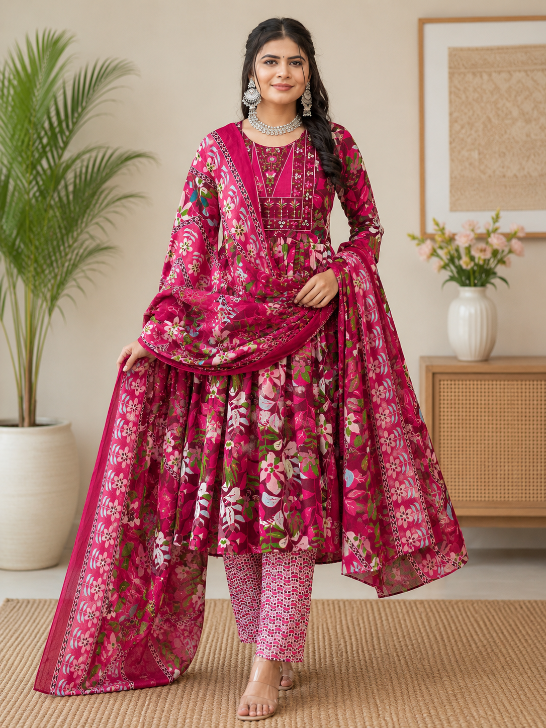 100% Pure Cotton Floral Printed Anarkali Kurta Set with Dupatta 100% Pure Cotton Floral Printed Anarkali Kurta Set with Dupatta - Image 1