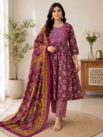 100% Pure Cotton Magenta Floral Printed Kurta Set with Dupatta