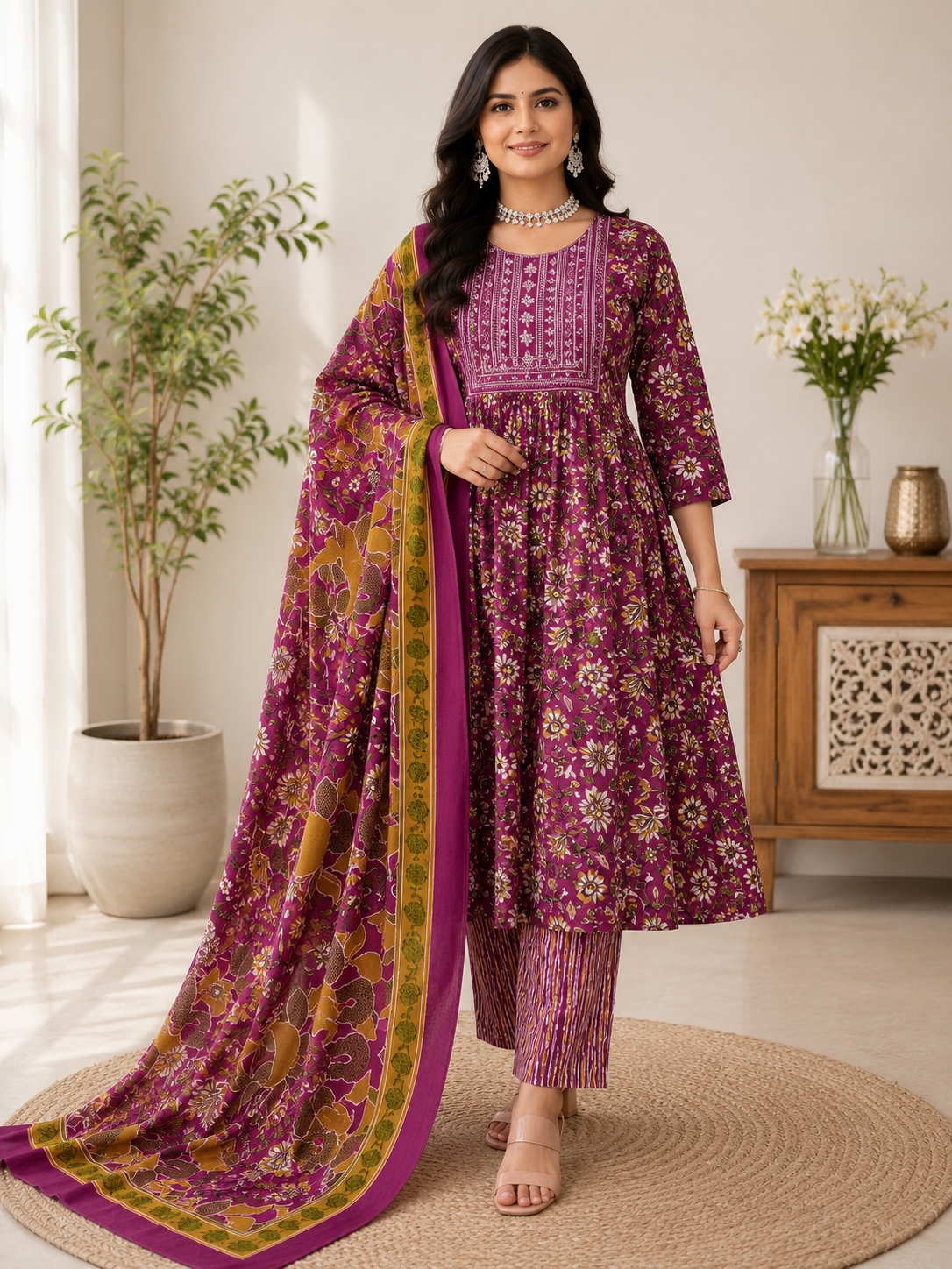 100% Pure Cotton Magenta Floral Printed Kurta Set with Dupatta 100% Pure Cotton Magenta Floral Printed Kurta Set with Dupatta - Image 1