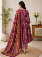 100% Pure Cotton Magenta Floral Printed Kurta Set with Dupatta - Image 2
