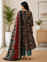 100% Pure Cotton BlueFloral Printed Kurta Set with Dupatta - Image 2