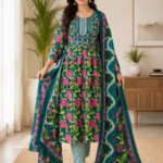 Elegant Floral Printed 100% Cotton Kurta Set with Dupatta