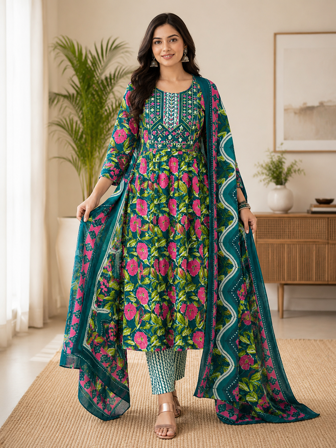 12 Elegant Floral Printed 100% Cotton Kurta Set with Dupatta - Image 1