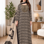 Pure Cotton Black & Beige Printed Night Wear Gown with Dupatta