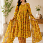 100% Pure Cotton Mustard Floral Printed Kurta Set with Dupatta