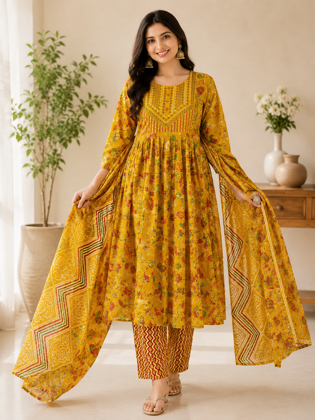 34 100% Pure Cotton Mustard Floral Printed Kurta Set with Dupatta - Image 1