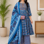 100% Pure Cotton Blue Floral Printed Anarkali Kurta Set with Dupatta