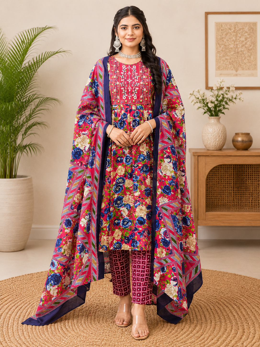 36 100% Pure Cotton Floral Printed Kurta Set with Dupatta - Image 1