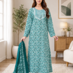 Pure Cotton Teal Printed Night Wear Gown with Dupatta