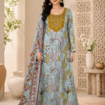 Pure Cotton Sky Blue Floral Printed Night Wear Gown with Dupatta