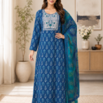 Pure Cotton Royal Blue Printed Night Wear with Dupatta
