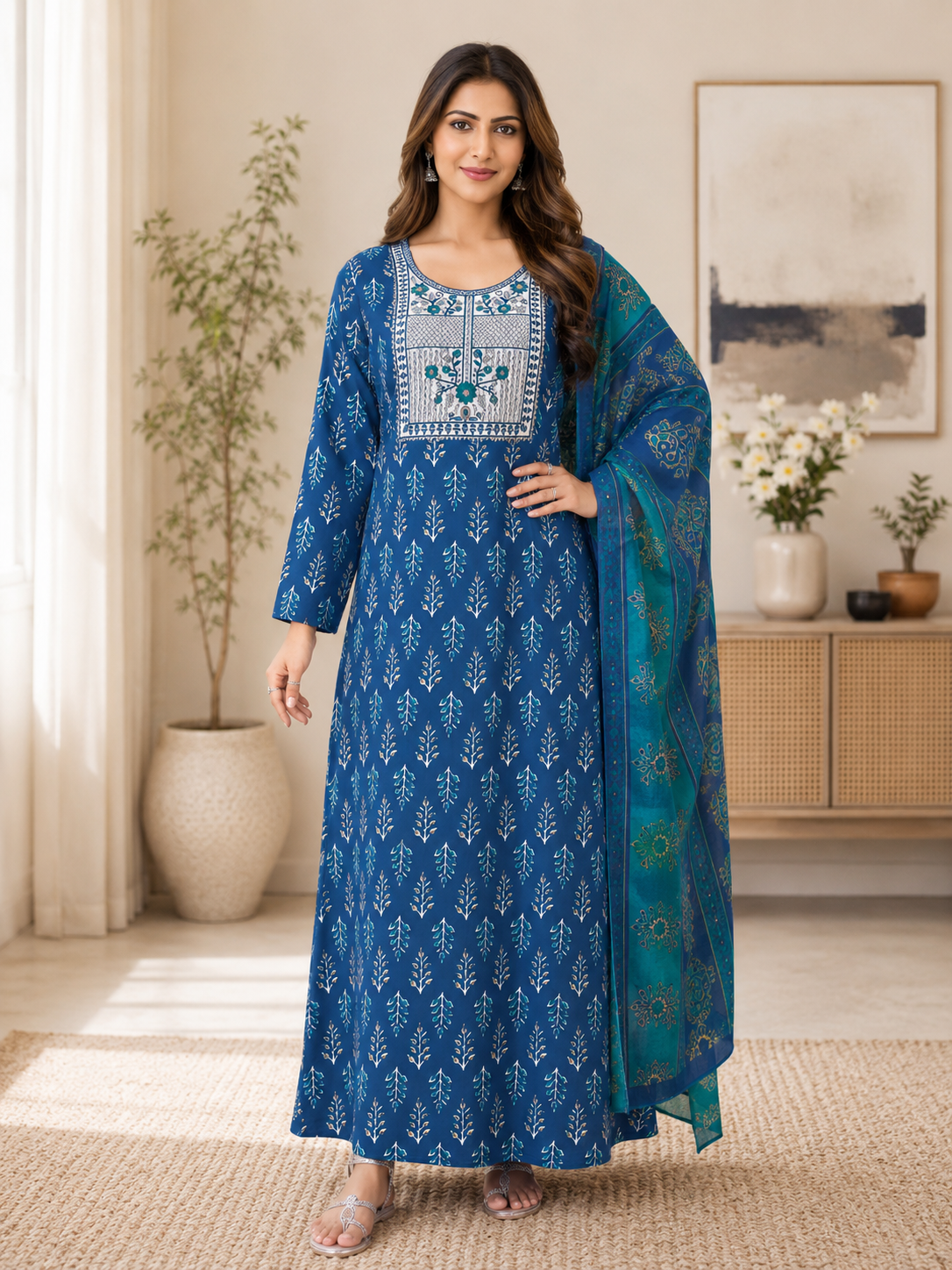 7 Pure Cotton Royal Blue Printed Night Wear with Dupatta - Image 1