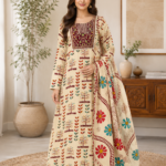 Premium Cream Printed Nightwear Gown with Designer Dupatta