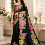 Elegant Black Floral Print Maya Silk Saree