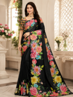 Elegant Black Floral Print Maya Silk Saree