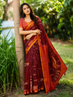 Classic Maroon Orange Korvi Silk Saree