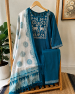 Designer Teal Blue Embroidered 3 Piece Set | Kurti, Pant & Dupatta Set - Image 3