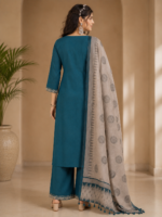 Designer Teal Blue Embroidered 3 Piece Set | Kurti, Pant & Dupatta Set - Image 2