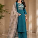 Designer Teal Blue Embroidered 3 Piece Set | Kurti, Pant & Dupatta Set