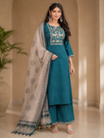 Designer Teal Blue Embroidered 3 Piece Set | Kurti, Pant & Dupatta Set