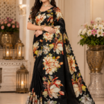 Elegant Black Floral Maya Silk Saree with Designer Printed Pallu