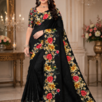 Elegant Black Floral Maya Silk Saree with Designer Rose Print