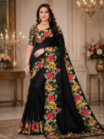 Elegant Black Floral Maya Silk Saree with Designer Rose Print
