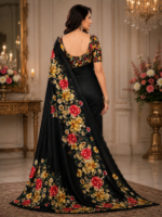 Elegant Black Floral Maya Silk Saree with Designer Rose Print - Image 2