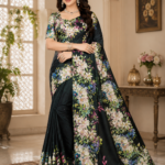 Elegant Black Floral Maya Silk Saree with Luxury Designer Print