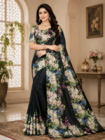 Elegant Black Floral Maya Silk Saree with Luxury Designer Print
