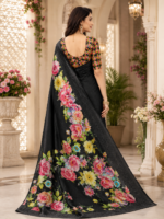 Elegant Black Floral Print Maya Silk Saree - Image 2