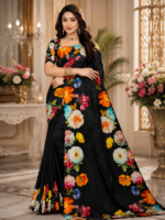 Elegant Black Multicolor Floral Maya Silk Saree with Designer Printed Pallu