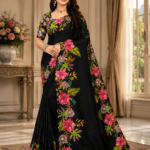 Elegant Black Tropical Floral Maya Silk Saree