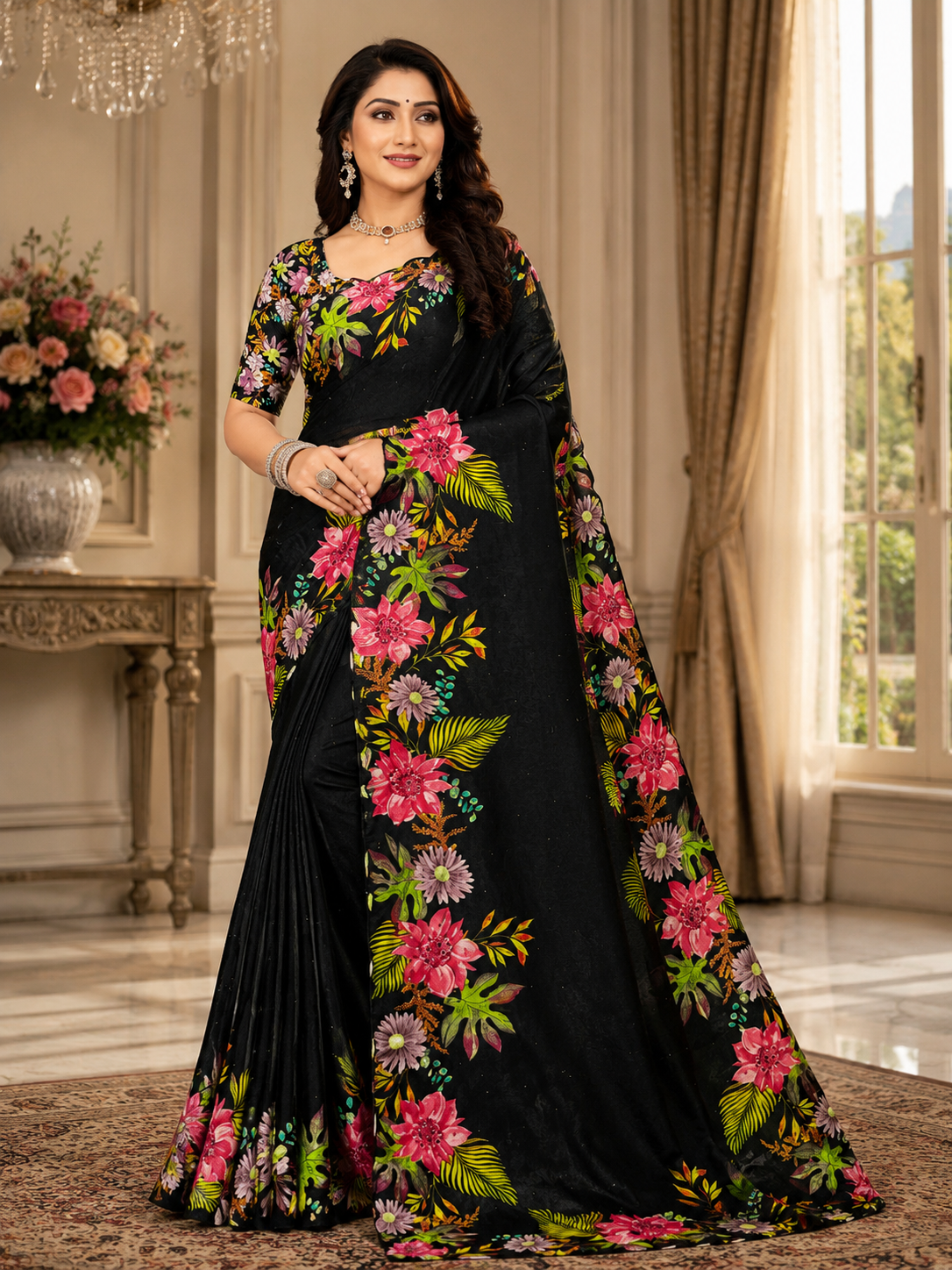 Elegant Black Tropical Floral Maya Silk Saree Elegant Black Tropical Floral Maya Silk Saree - Image 1