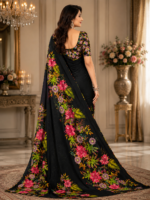 Elegant Black Tropical Floral Maya Silk Saree - Image 2
