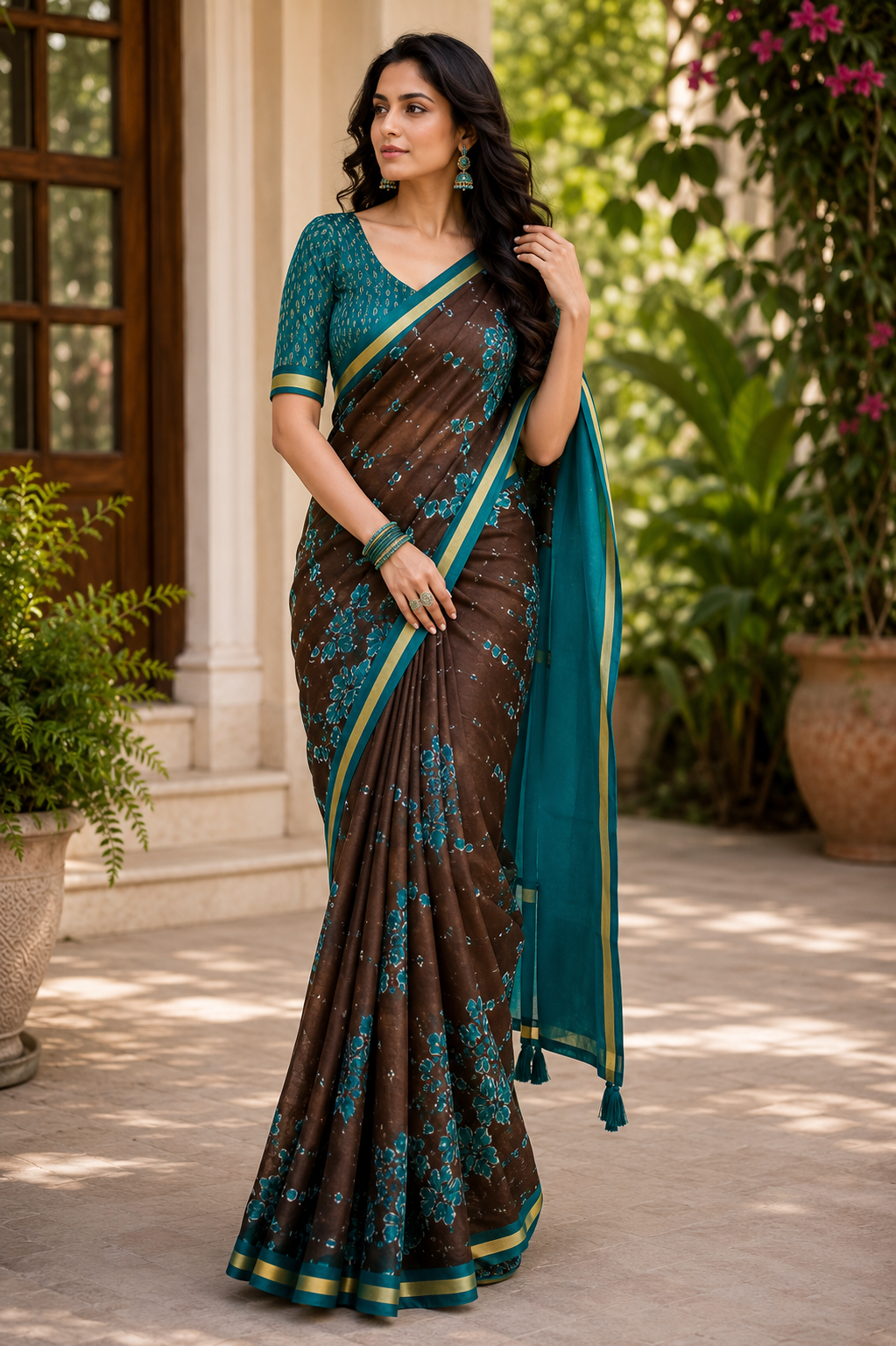 Elegant Brown Teal Korvi Silk Saree Elegant Brown Teal Korvi Silk Saree - Image 1