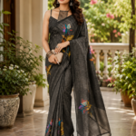 Elegant Charcoal Black Paisley Print Silk Saree