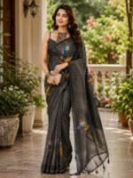 Elegant Charcoal Black Paisley Print Silk Saree