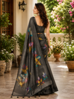 Elegant Charcoal Black Paisley Print Silk Saree - Image 2
