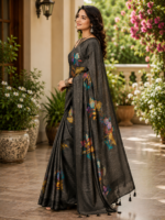 Elegant Charcoal Black Paisley Print Silk Saree - Image 3