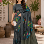 Elegant Charcoal Grey Paisley Print Silk Saree
