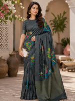 Elegant Charcoal Grey Paisley Print Silk Saree