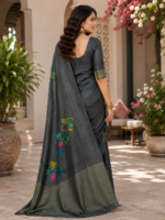 Elegant Charcoal Grey Paisley Print Silk Saree - Image 2