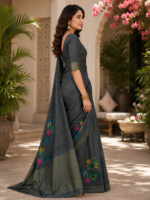 Elegant Charcoal Grey Paisley Print Silk Saree - Image 3