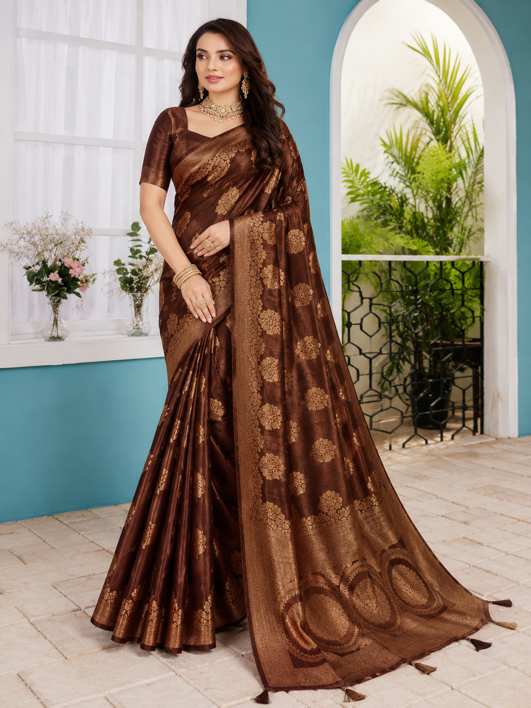 Elegant Coffee Brown Banarasi Chiniya Silk Saree Elegant Coffee Brown Banarasi Chiniya Silk Saree - Image 1