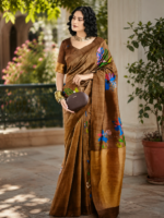 Elegant Coffee Brown Paisley Print Silk Saree