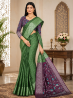 Elegant Emerald Green Designer Silk Saree with Contrast Floral Pallu