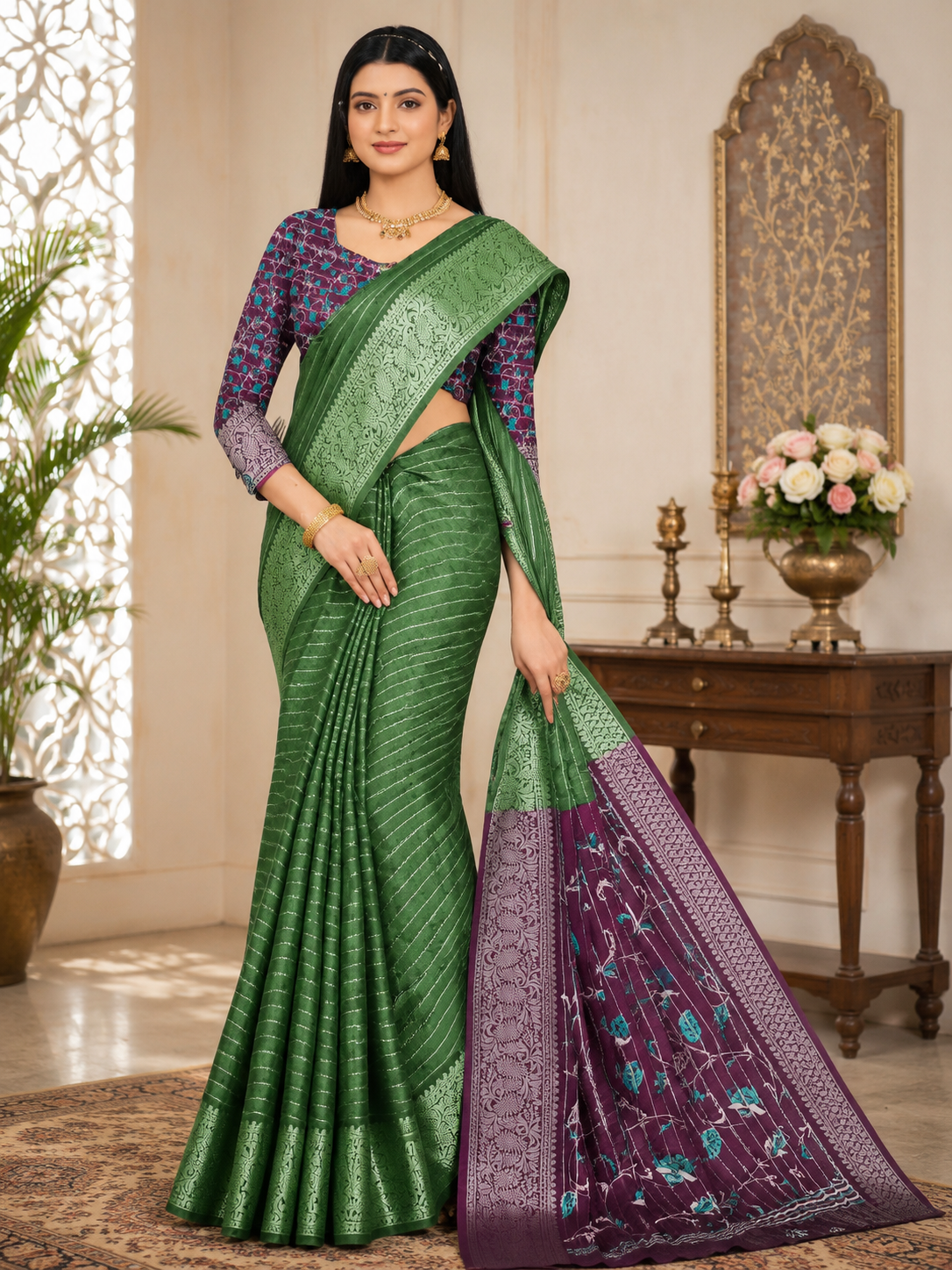 Elegant Emerald Green Designer Silk Saree with Contrast Floral Pallu Elegant Emerald Green Designer Silk Saree with Contrast Floral Pallu - Image 1